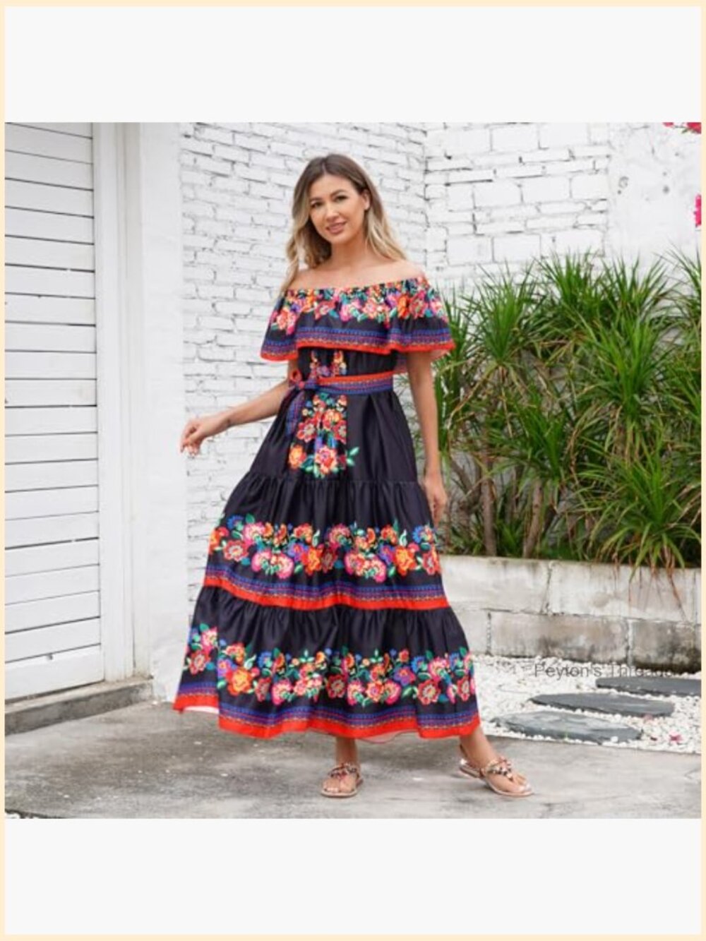 Off Shoulder Floral Maxi Dress with Belt Sleeveless A-Line - Picture 3 of 5